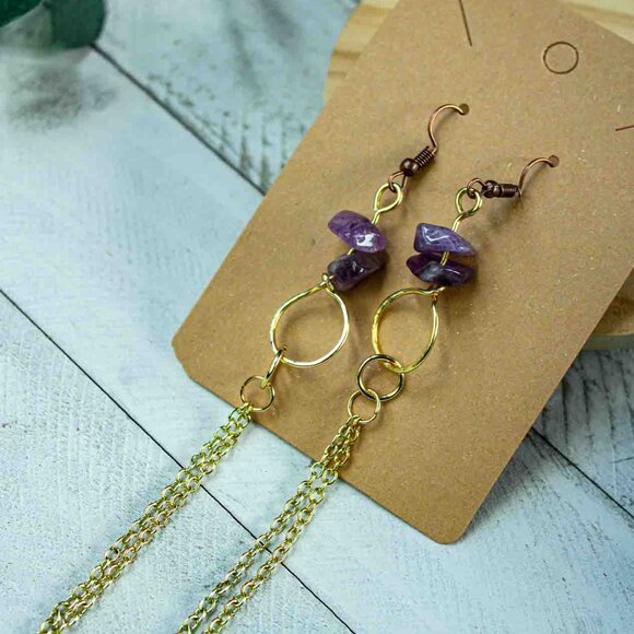 Amethyst Chip Earrings with 14k Gold Dangle Chain and Gold Hoop Drop - Picture 2 of 15